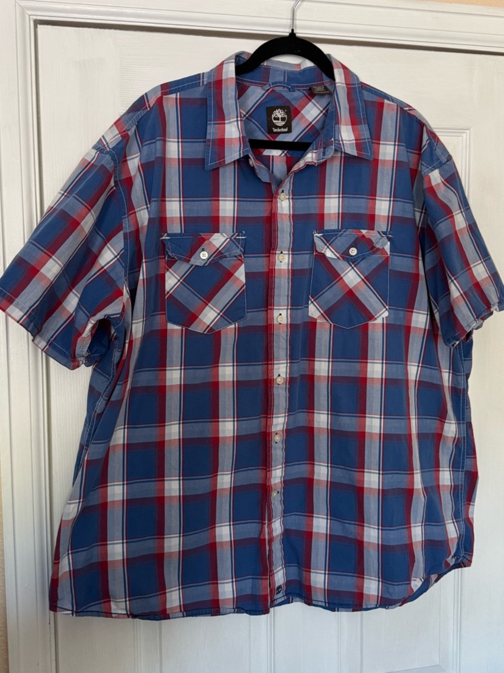 Timberland Blue and Red Plaid Cotton Short Sleeve Button-Down Shirt - 2XL